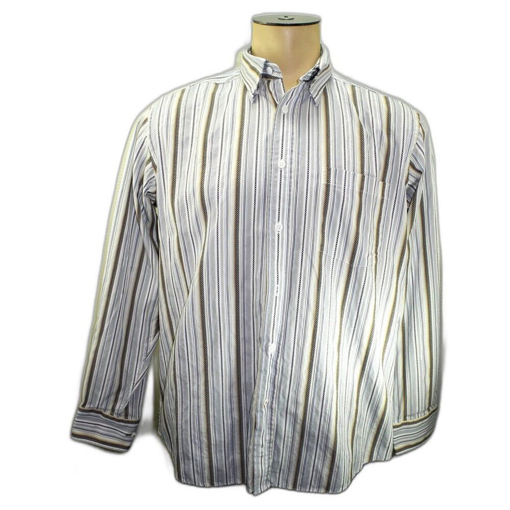 Bugatchi Uomo Cotton White Black Grey Tan Striped Dress Shirt - Men's Size Large